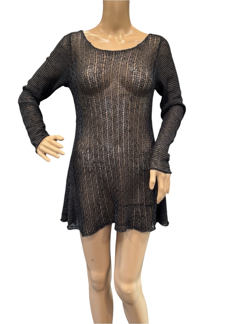 Eileen Fisher Open Knit Long Sleeve See Through Sweater Tunic Black Top Size XS